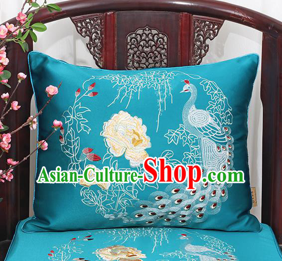 Chinese Classical Household Ornament Traditional Handmade Blue Brocade Peacock Cushion Back Cushion