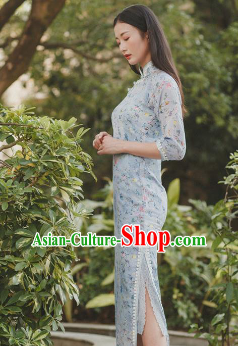 Chinese Traditional Costumes National Qipao Dress Blue Cheongsam for Women