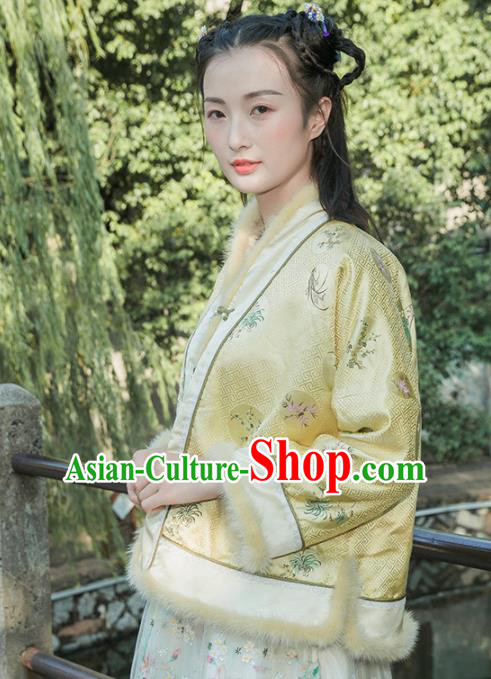 Chinese Traditional Costumes National Tang Suit Yellow Cotton Wadded Jacket for Women
