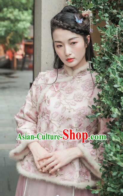 Chinese Traditional Costumes National Tang Suit Pink Cotton Wadded Jacket for Women