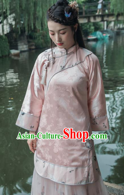 Chinese Traditional Costumes National Upper Outer Garment Pink Silk Qipao Blouse for Women