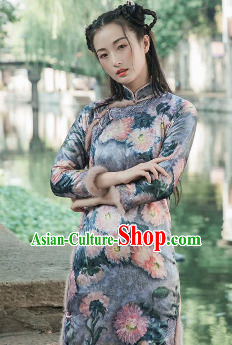 Chinese Traditional Costumes National Qipao Dress Mink Wool Navy Cheongsam for Women