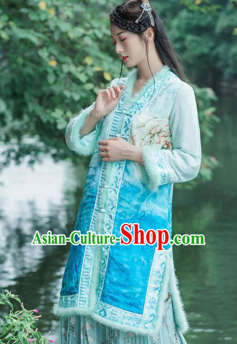 Chinese Traditional Costumes National Upper Outer Garment Blue Silk Qipao Coat for Women