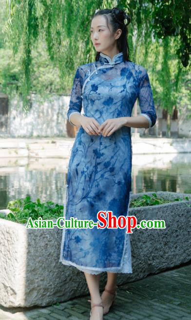 Chinese Traditional Costumes National Deep Blue Qipao Dress Classical Cheongsam for Women