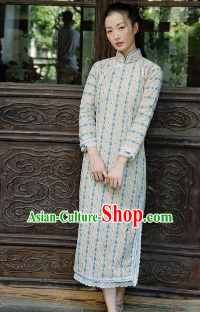 Chinese Traditional Costumes National Beige Qipao Dress Classical Cheongsam for Women