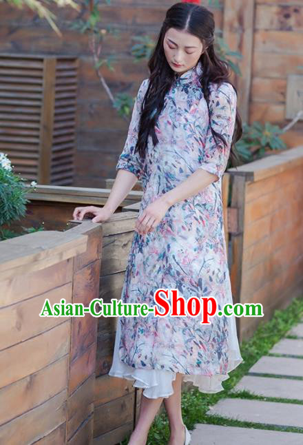 Chinese Traditional Tang Suit Costumes National Printing Qipao Dress Classical Cheongsam for Women