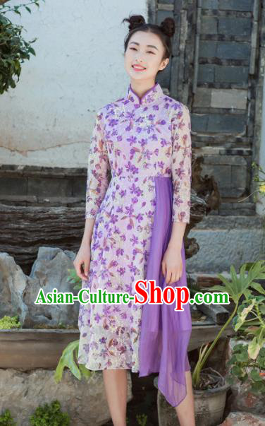 Chinese Traditional Tang Suit Costumes National Printing Purple Qipao Dress Classical Cheongsam for Women