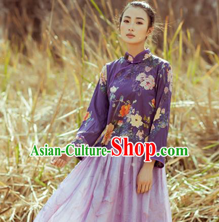 Chinese Traditional Costumes National Tang Suit Purple Blouse Qipao Upper Outer Garment for Women