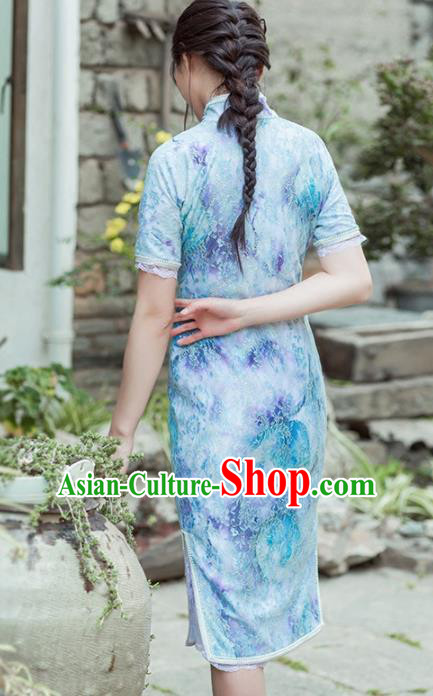 Chinese Traditional Costumes National Tang Suit Blue Qipao Dress Classical Cheongsam for Women