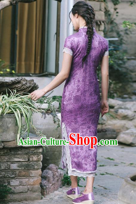 Chinese Traditional Costumes National Tang Suit Purple Qipao Dress Classical Cheongsam for Women