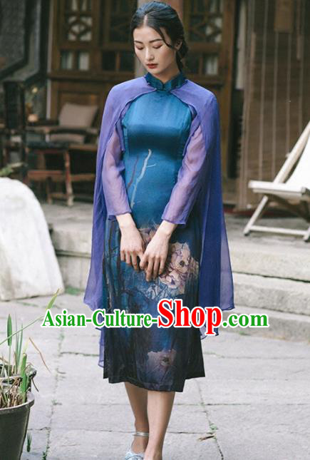 Chinese Traditional Costumes National Navy Qipao Dress Tang Suit Cheongsam for Women