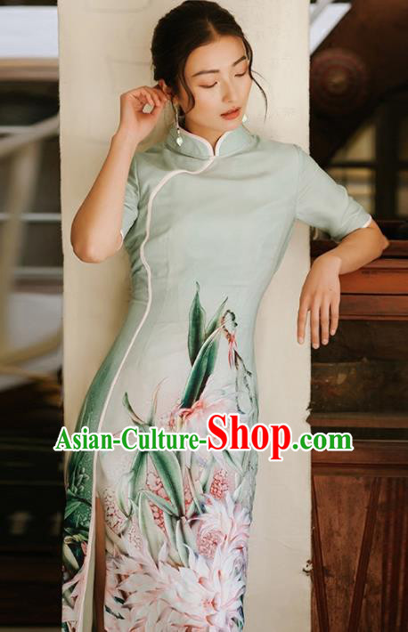 Chinese Traditional Costumes National Printing Green Qipao Dress Tang Suit Cheongsam for Women