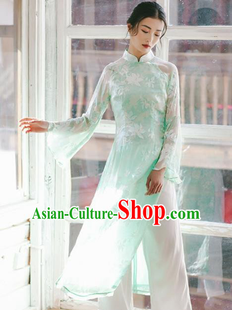 Chinese Traditional Costumes National Green Veil Qipao Dress Tang Suit Cheongsam for Women