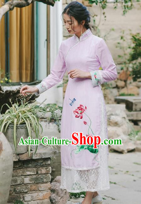 Chinese Traditional Costumes National Embroidered Pink Qipao Dress Tang Suit Cheongsam for Women