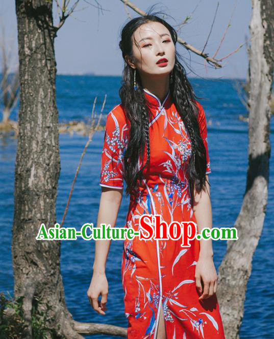 Chinese Traditional Costumes National Red Qipao Dress Tang Suit Cheongsam for Women