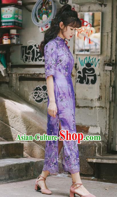 Chinese National Purple Qipao Dress Traditional Costumes Tang Suit Cheongsam for Women