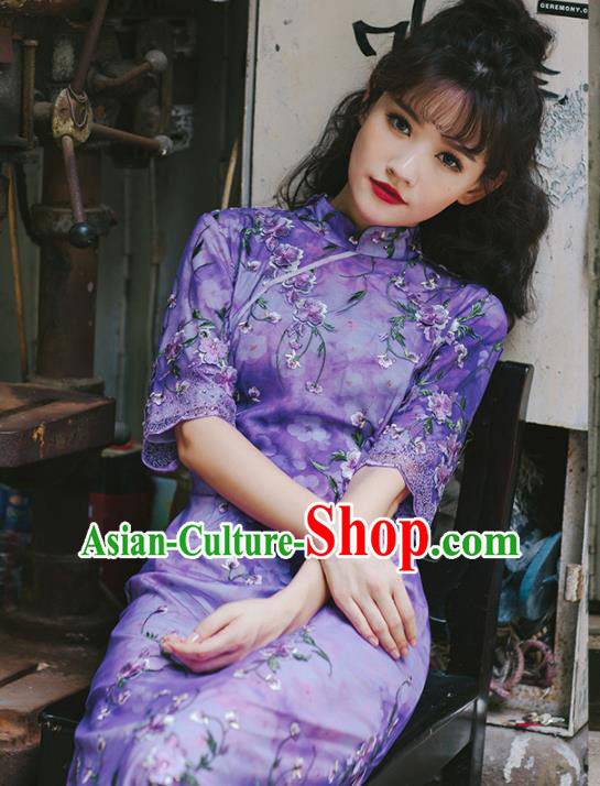 Chinese National Purple Qipao Dress Traditional Costumes Tang Suit Cheongsam for Women