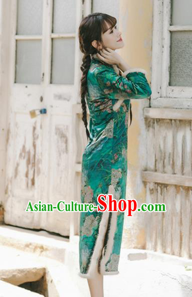 Chinese National Green Qipao Dress Traditional Mink Wool Costumes Tang Suit Cheongsam for Women
