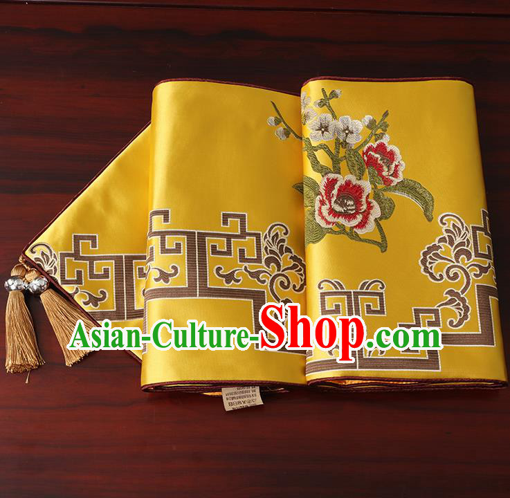 Chinese Classical Household Ornament Yellow Brocade Table Flag Traditional Handmade Embroidered Table Cloth
