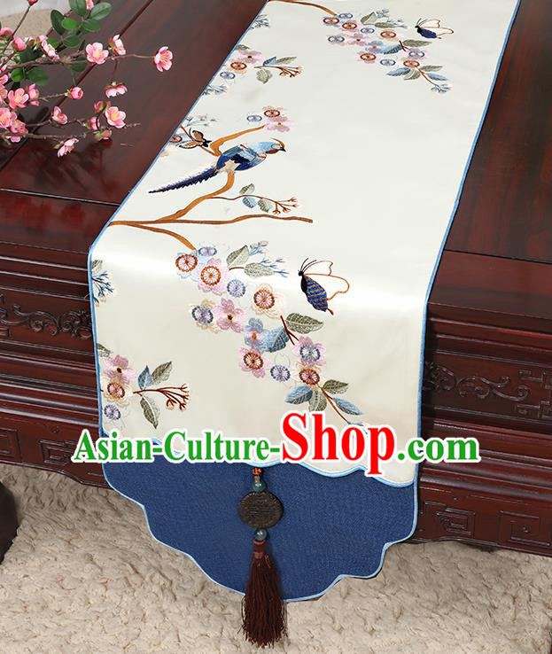 Chinese Classical Household Ornament Jade Pendant Tassel White Brocade Table Flag Traditional Handmade Table Cover Cloth
