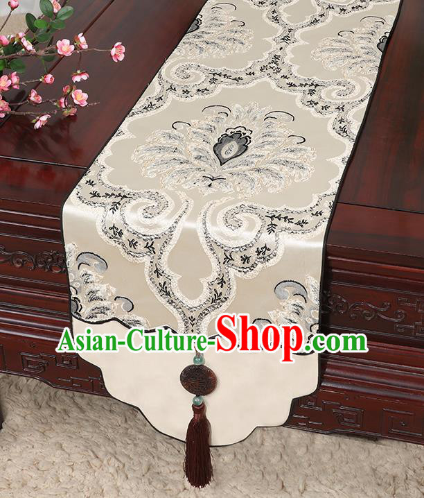 Chinese Classical Household Ornament Jade Pendant Tassel Khaki Brocade Table Flag Traditional Handmade Table Cover Cloth