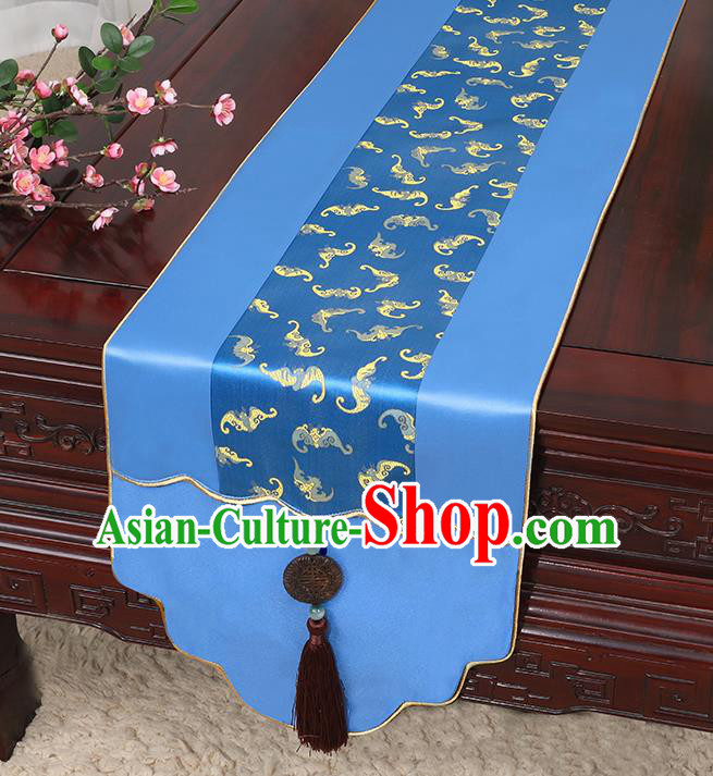Chinese Classical Household Ornament Jade Pendant Tassel Royalblue Brocade Table Flag Traditional Handmade Table Cover Cloth