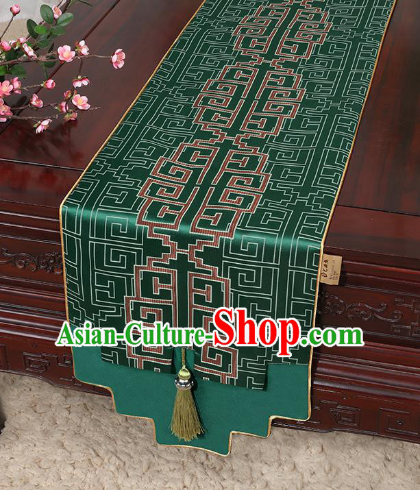 Chinese Classical Household Ornament Green Brocade Table Flag Traditional Handmade Jade Pendant Table Cover Cloth