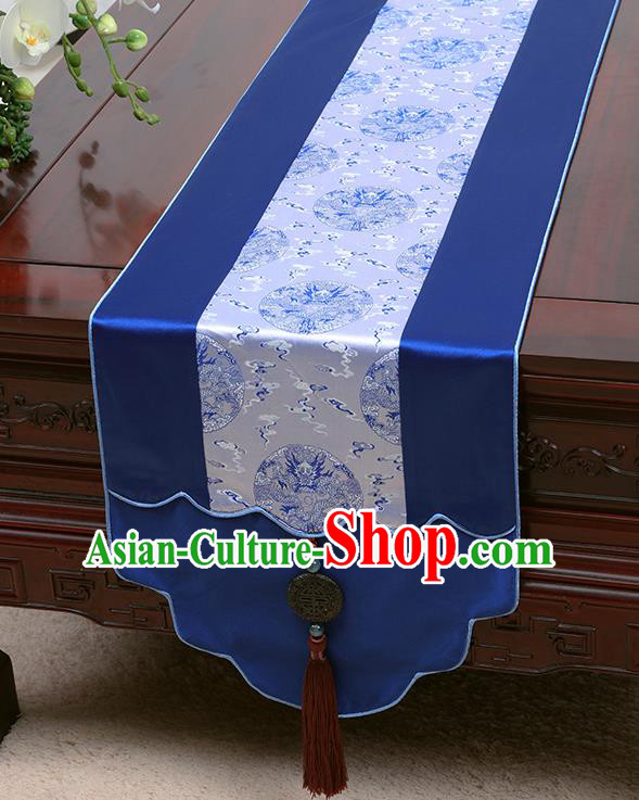 Chinese Traditional Royalblue Brocade Table Cloth Classical Dragons Pattern Household Ornament Table Flag