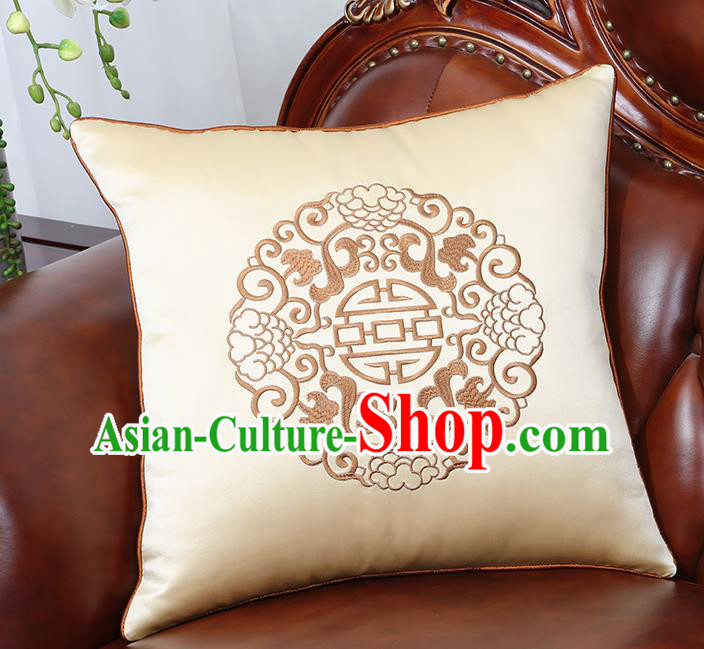 Chinese Traditional Embroidered Beige Brocade Back Cushion Cover Classical Household Ornament