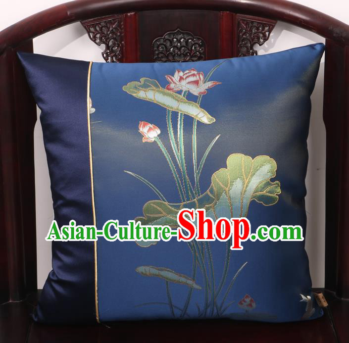 Chinese Traditional Lotus Pattern Navy Brocade Back Cushion Cover Classical Household Ornament