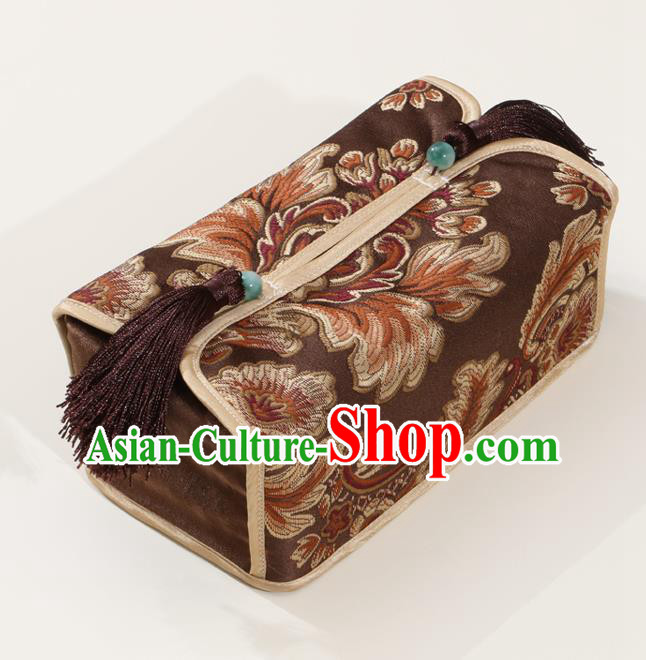 Chinese Traditional Household Accessories Classical Pattern Deep Brown Brocade Paper Box Storage Box Cover