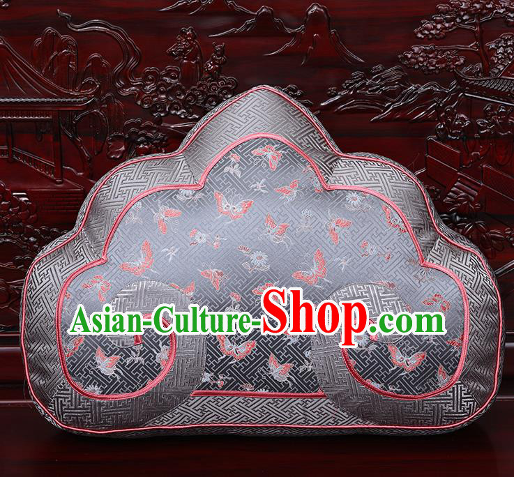 Chinese Traditional Arhat Bed Grey Brocade Back Cushion Cover Classical Household Ornament