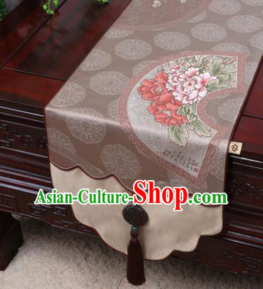 Chinese Traditional Peony Pattern Khaki Brocade Table Cloth Classical Household Ornament Table Flag