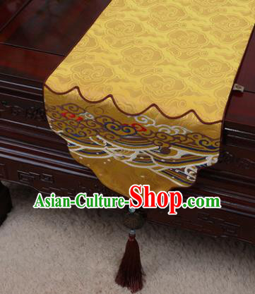 Chinese Traditional Wave Pattern Bright Yellow Brocade Table Cloth Classical Household Ornament Table Flag