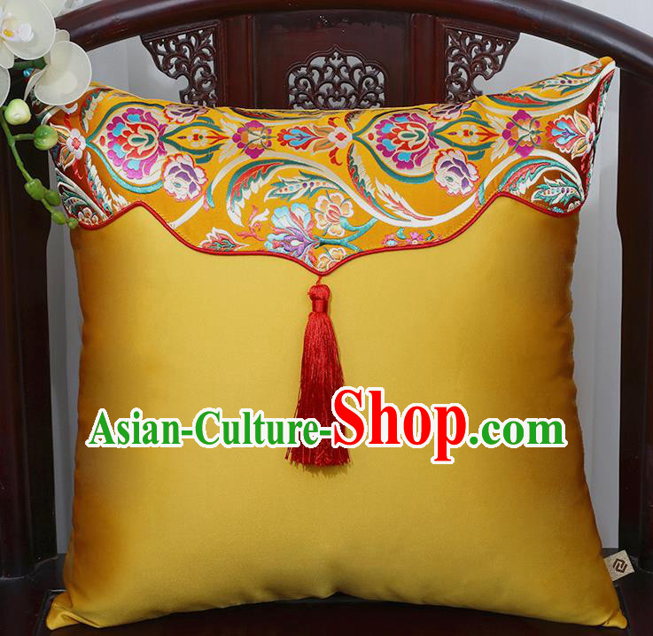 Chinese Traditional Peony Pattern Golden Brocade Tassel Back Cushion Cover Classical Household Ornament