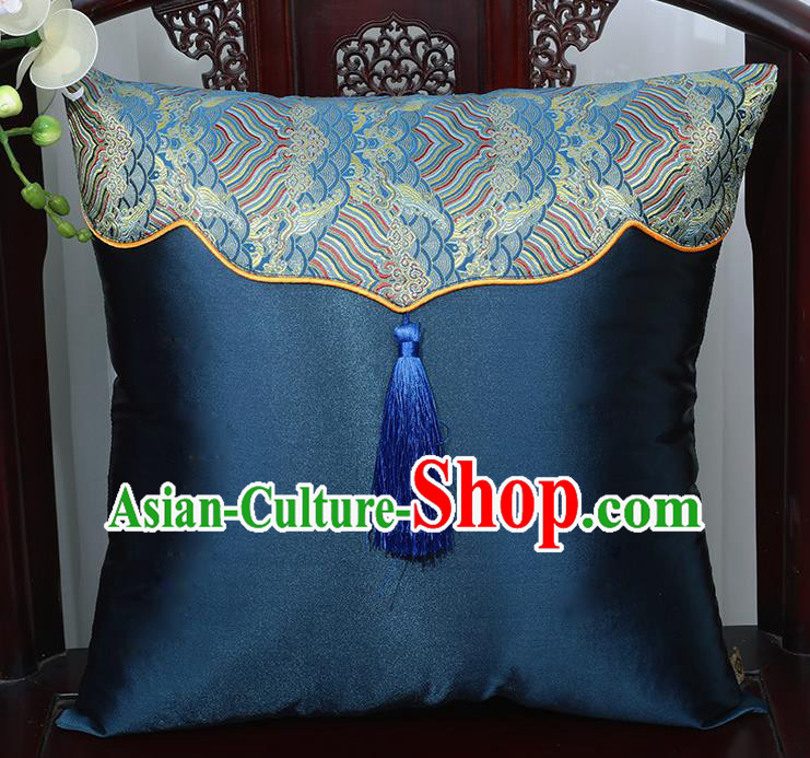 Chinese Traditional Navy Brocade Back Cushion Cover Classical Household Ornament
