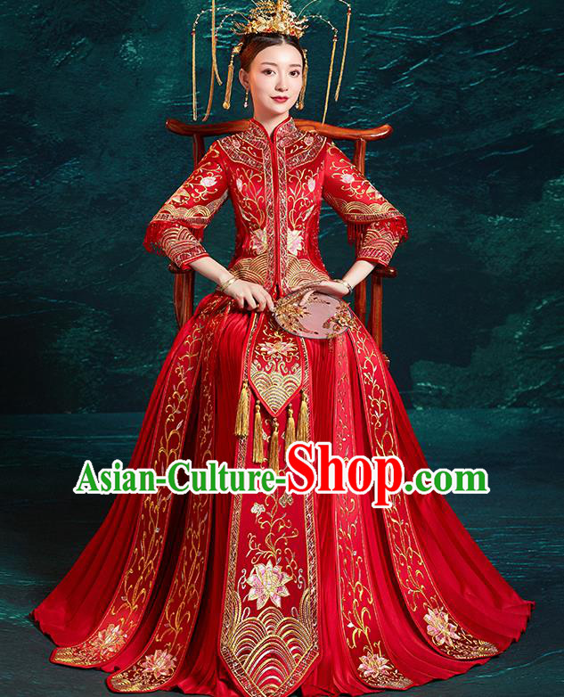 Chinese Traditional Wedding Costumes Embroidered Lotus Red Xiuhe Suits Ancient Bride Toast Full Dress for Women