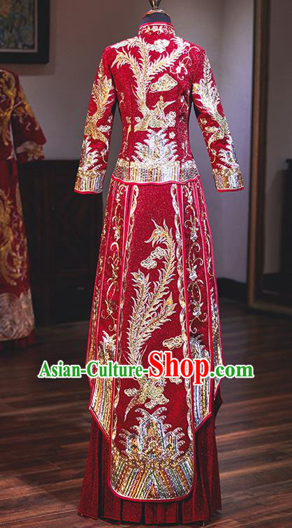 Chinese Traditional Wedding Costumes Embroidered Phoenix Red Xiuhe Suits Ancient Bride Toast Full Dress for Women