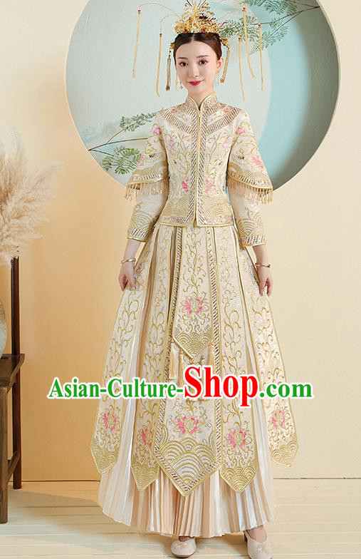 Chinese Traditional Embroidered Peony Golden Xiuhe Suits Ancient Bride Toast Wedding Costumes for Women