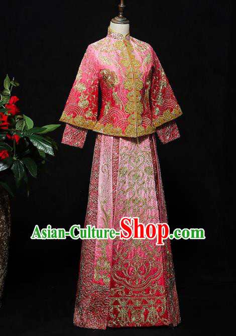 Chinese Traditional Bride Pink Xiuhe Suits Ancient Handmade Embroidered Wedding Costumes for Women