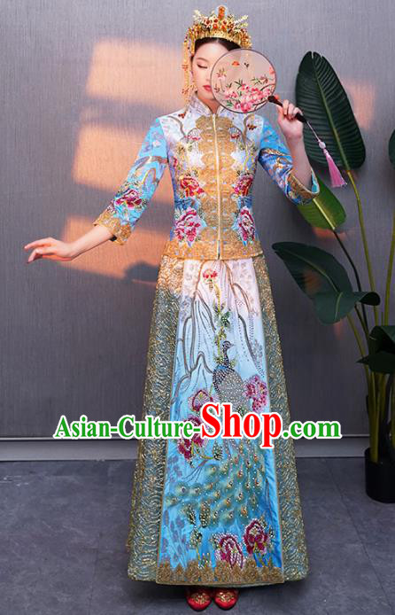Chinese Traditional Bride Embroidered Peacock Blue Xiuhe Suits Ancient Handmade Wedding Costumes for Women