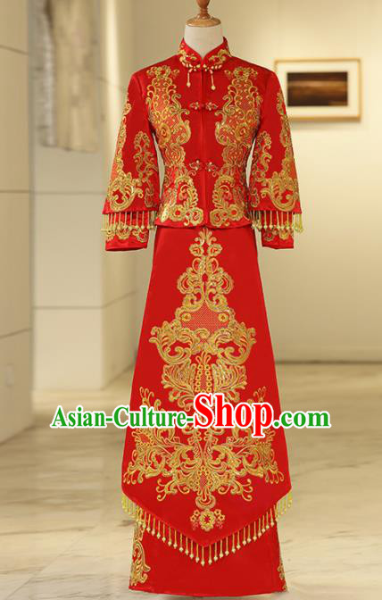 Chinese Traditional Bride Embroidered Xiuhe Suits Ancient Handmade Red Wedding Costumes for Women