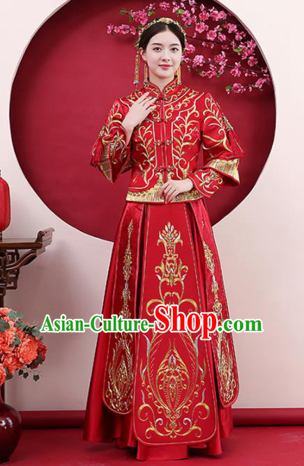 Chinese Traditional Bride Diamante Red Xiuhe Suits Ancient Handmade Wedding Costumes for Women
