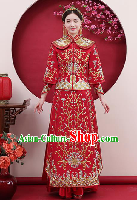 Chinese Traditional Bride Gilding Red Xiuhe Suits Ancient Handmade Wedding Costumes for Women