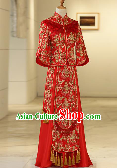 Chinese Traditional Bride Embroidered Peony Xiuhe Suits Ancient Handmade Red Wedding Costumes for Women