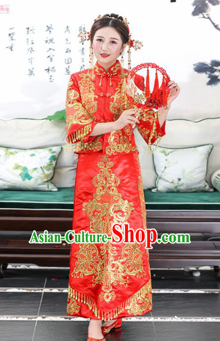 Chinese Traditional Bride Red Satin Xiuhe Suits Ancient Handmade Wedding Dresses for Women