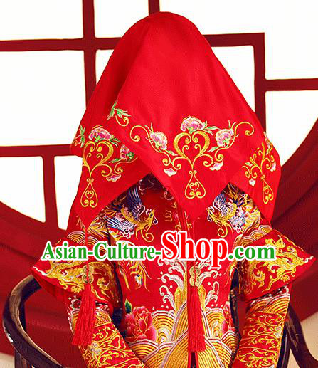 Chinese Traditional Wedding Hair Accessories Ancient Bride Embroidered Peony Red Cover Headdress for Women