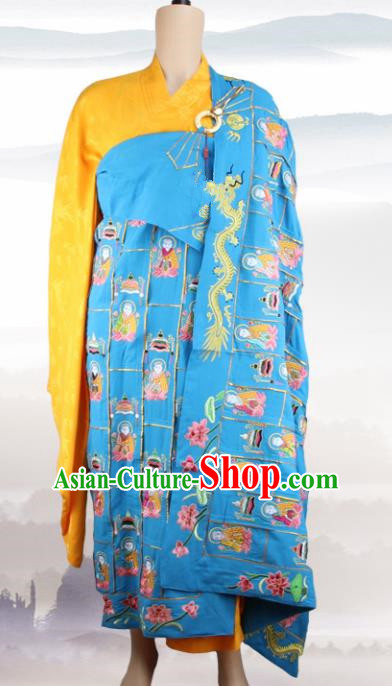 Chinese Traditional Buddhist Embroidered Buddha Blue Cassock Buddhism Dharma Assembly Monks Costumes for Men