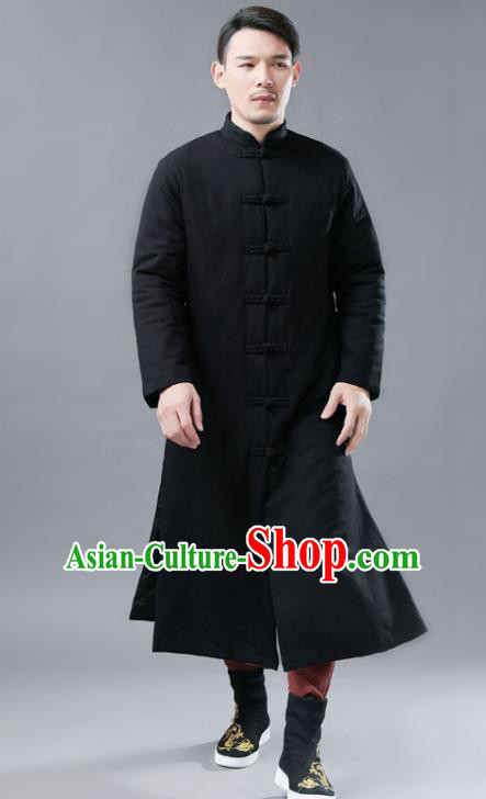 Chinese Traditional Costume Tang Suits National Mandarin Black Cotton Padded Long Coat for Men