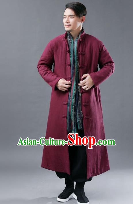 Chinese Traditional Costume Tang Suits National Mandarin Wine Red Cotton Padded Long Coat for Men